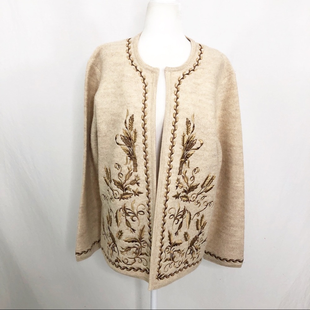 Linea Vintage Oversized Chunky Embroidered Wool Cardigan Sweater, Size Small
